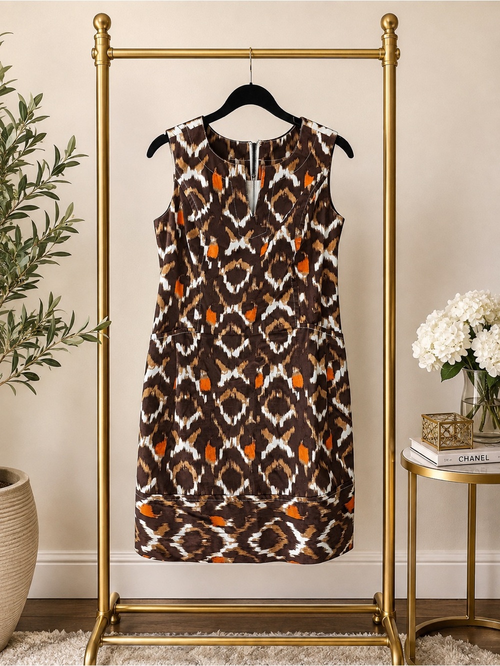 Etcetera Brown Ikat Print Sleeveless Shift Dress with Orange & Cream Accents